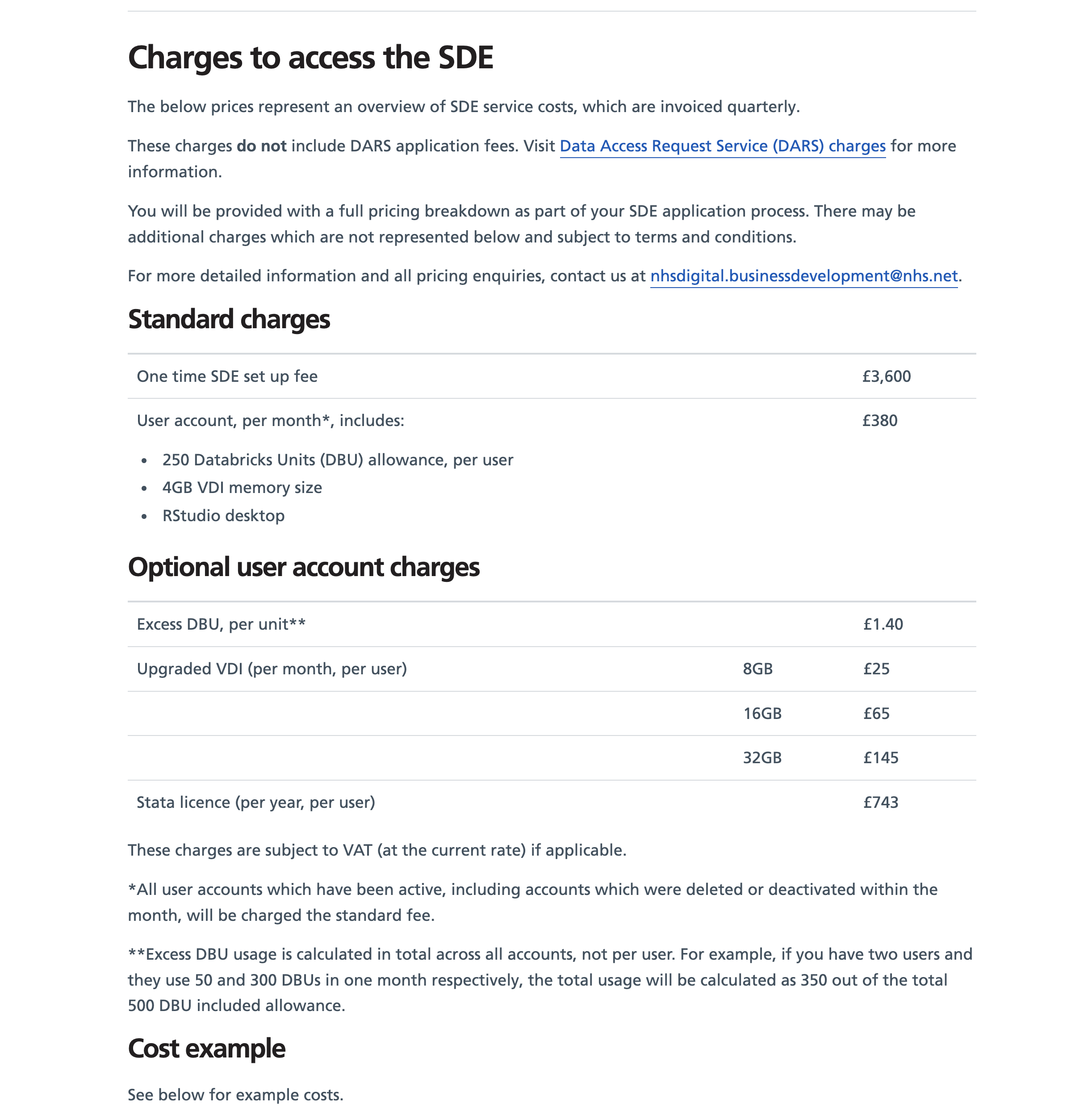 A screengrab of the cost-calculator section of the SDE service webpage showing detailed information about the pricing of the service